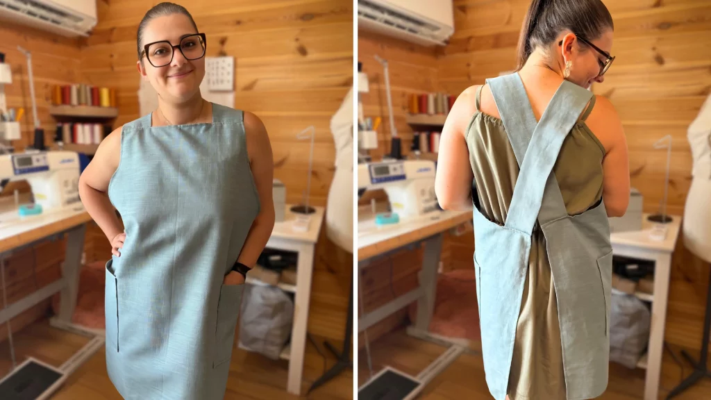 Femme portant un tablier japonais cousu main – patron de couture gratuit à télécharger